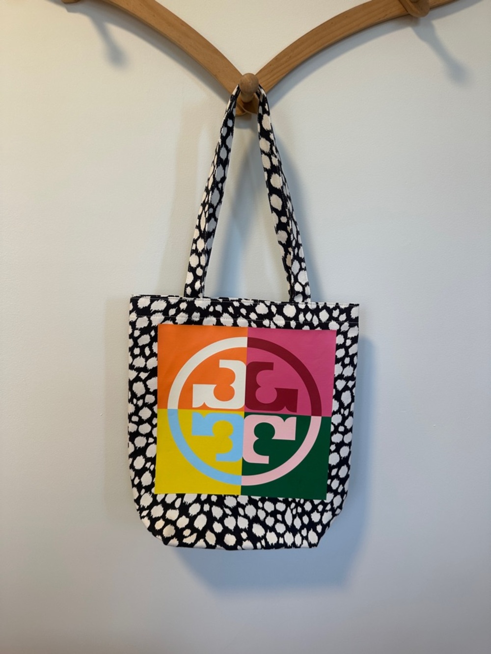 Tory Burch Black & White Printed Tote with Multicolor Logo Panel